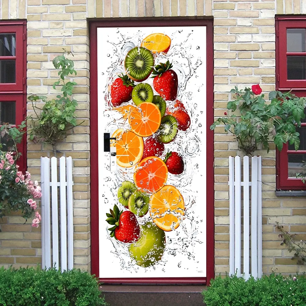 2pcs   Fresh Fruit Wall Stickers Kitchen Dining Room Decor Self Adhesive Waterproof Removable Mural Strawberry Orange Kiwi Fruit Pattern Wall Decals Living Room Bedroom Kids Room Wall Decor Stickers