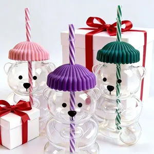 Viral Bearista Cold Cup for 2026 Holiday Collection Nostalgia Cute Bear Cup With Striped Straw 20oz High-Quality Glass Tumbler for Smoothies Boba & Beverage  Iced Coffee Glass Gifts colorful glass cup practical gift