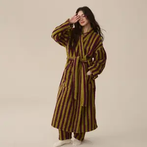 Women's Fuzzy Fleece Long Robe Striped Plush Kimono Warm Thick Fluffy Oversized V Neck Loungewear Maxi Bathrobe