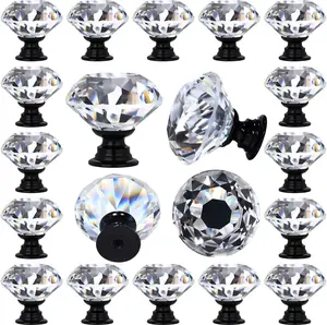 Crystal Cabinet Knobs 12 Packs  Drawer Pulls and Knobs Diamond Dresser Handles Crystal Pulls Drawers  30 mm Clear Glass Cabinet Knob with Black Base