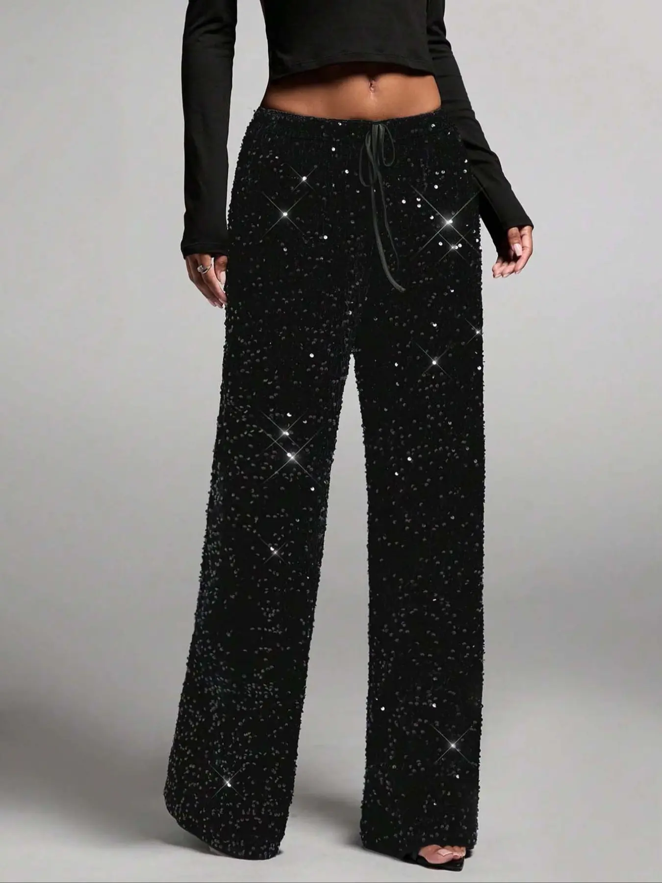 Women's Fashion Elastic Waist Fitted Pants with Bow Detail, Knot, Sequin Decoration, Elegant Long Pants, Casual Wear, Casual Comfy Stretchy, Stylish and Comfortable, Bottom, Womenswear, Casual Style Bottoms