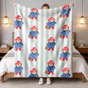 Paddington Bear Blue Striped Flannel Blanket, Large Size, Soft Lightweight Warm, Perfect for Bed Sofa Office Camping Travel
