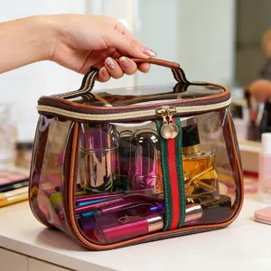 New Retro Vintage Vanity Bag Large Capacity Waterproof Transparent Makeup Cosmetic Bag with Gold Dual Zippers & Brown PU Leather Trim for Travel & Storage