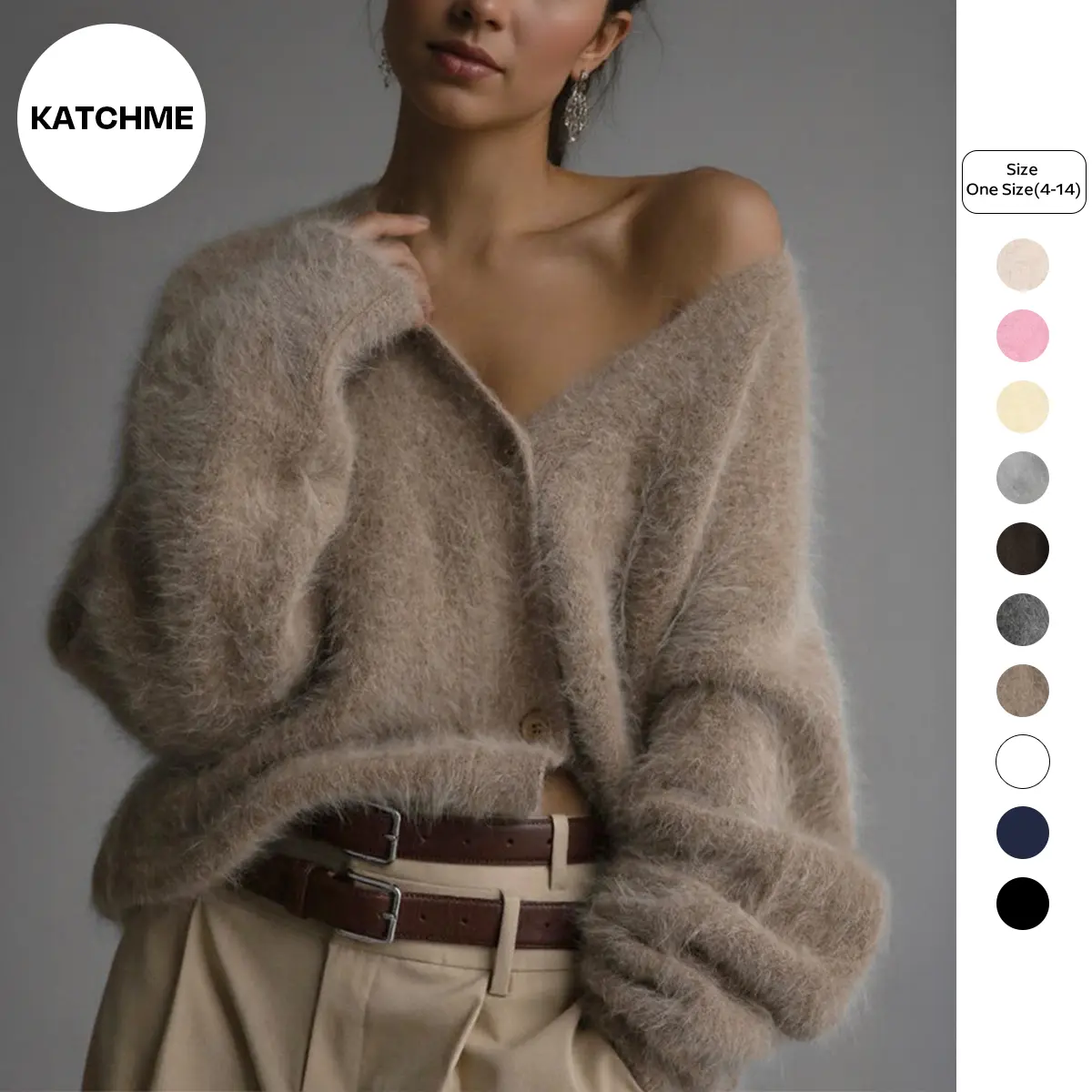 KatchMe Women's Elegant Solid Color V Neck Long Sleeve Faux Fur Button-Up Loose Cardigan, Slouchy Fall & Winter Cozy Outerwear for Women
