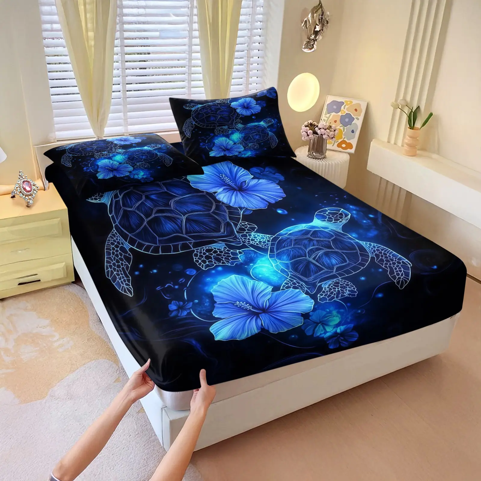 3-Piece Set Of Turtle Patterned Bed Sheets, Including 1 Bed Sheet And 2 Pillowcases (Excluding Pillow Core), Comfortable Bedding, Non Slip Suitable For Bedrooms, Suitable For Children And Teenagers As Gifts And Decorations