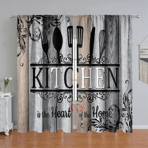 2Pcs Rustic Farmhouse Kitchen Decor Curtain Panel, Vintage Utensil Wood Grain Print Window Treatment for Dining Room, Cafe, Pole Pocket Style Semi Sunshade Anti Privacy Accessory