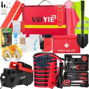 Roadside Emergency car Kits for Vehicles, 12PCS Car Safety Kit with Jumper Cables, Portable Air Compressor, Tow Strap, Tool Kit, Road Trip Essentials for Women, Men