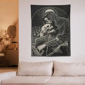 Dark Romance Grim Reaper Wall Tapestry, Gothic Skull and Coffin Aesthetic Decor, Macabre Skeleton Lover Wall Art, Moody Dark Academia Room Backdrop, Aesthetic Bookish Background for Dark Fantasy Readers