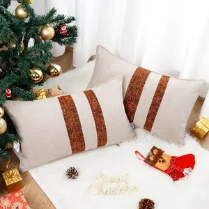 Set of 2 Decorative  Pillow Covers Linen Woven Pillowcases Striped Faux Leather Patchwork Cushion Case for Modern Couch Sofa Bedroom Chair, 12x20 Inch White and Brown