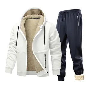Men's 2-Piece Sherpa-Lined Tracksuit: Zip-Up Hooded Top with Side Zipper Detail & Fleece-Cuffed Jogger Pants