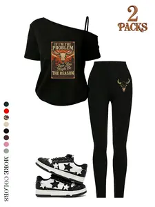 Teen Back-To-School Women Two-Piece Matching Casual Fitted Set, Unique Shoulder Cutout Short Sleeve T-Shirt, Bottoms with Fun Western Cowgirl Print, Outfit