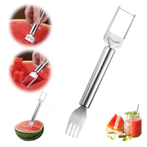 【2 Pack】Watermelon Fork Slicer,Watermelon Slicer Cutter,Watermelon Cube Cutting Tool, 2-in-1 Stainless Steel Fruit Cutter, Dual Head Fruit Forks Slicer Knife with Round Handle,Fruit Cutting Kitchen Utensils,Kitchen Gadgets,Portable Modern