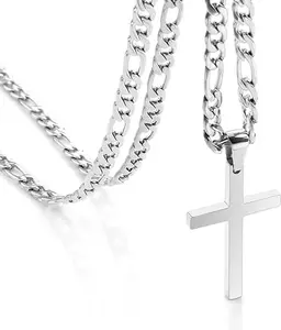 Stainless Steel Cross Necklace for Men Silver Cross Necklace for boy Small Cross Pendant Necklace Simple Jewelry Cross Chain for Mens