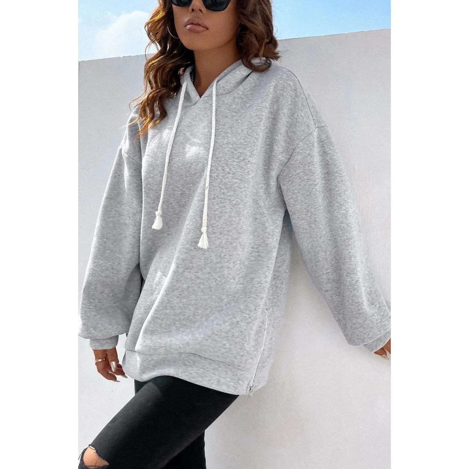 Side Zipper Dropped Shoulder Hoodie