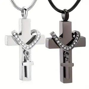 Cremation Cross Necklace - Single Pendant for Ashes Commemoration, Stainless Steel Double Cross Design, Suitable for Men & Women, Charms Jewellery