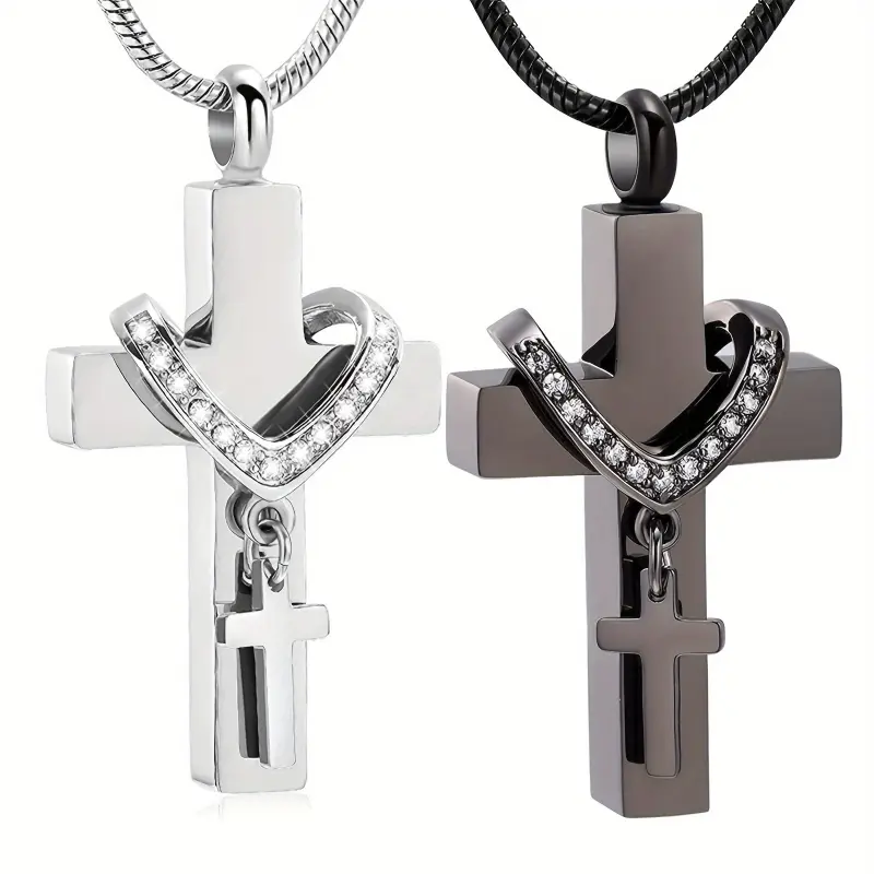 Black Cremation Cross Necklace for Ashes, Unisex Titanium Steel Pendant with Rhinestone Double Cross Design, Religious Memorial Keepsake, Religious Necklace, Rhinestone Necklace