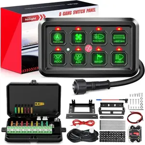 Nilight 8-Gang Green Rocker Switch Panel System - 12-24V DC Backlit Dimmer, Overload Guard, Compact Switchboard for Easy Installation