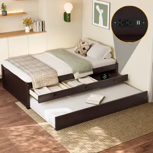 Eyisean 78" Twin Size Wooden Platform Pull-Out Bed, Space-Saving Captains Bed Frame with Trundle & Hidden Storage Drawers, Portable Beds with Built-in Power Strip for Apartment, No Box Spring Needed