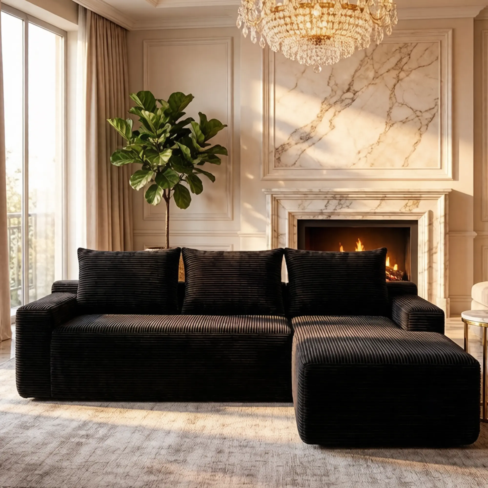 97"Cloud Sectional Couch, Modern Boneless Couch with L-Shape Chaise, Deep Seat Modular Sectional Sofa Corduroy Corner Foam Couches for Living Room,No Assembly Required (Black, Right Facing Chaise)