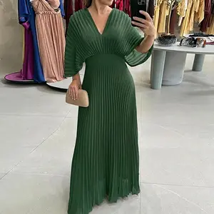 ChicMe Women's Green Dress Elegant Pleated Maxi Dress V Neck Flutter Sleeve Cocktail Party Evening Gown Flowy Wedding Guest Prom Dress