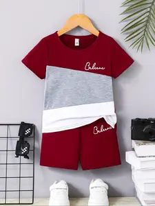 Two-piece Set Boy's Colorblock Tee & Elastic Waist Shorts, Casual Athletic Sports Clothing Short Sleeve T-shirt & Shorts, Summer Outfits Clothes for Kids, Sporty Set