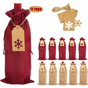 Burlap   Bags, 12 count Christmas Jute  Bottle Bags with Drawstrings,  with Tags for Party