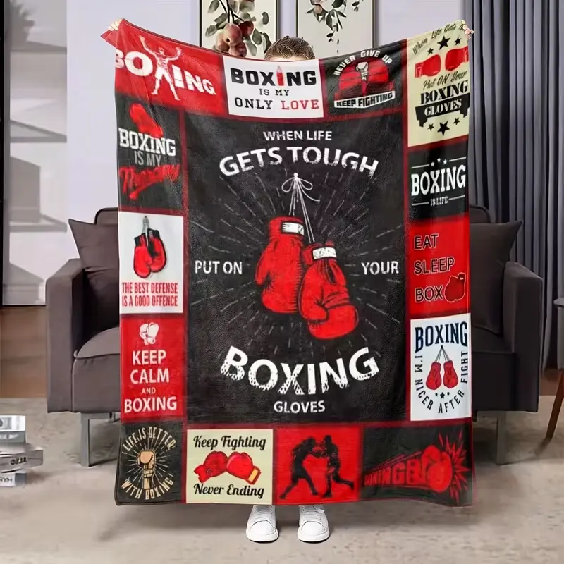 Boxing Gloves Motivational Sports Print Decorative Blanket Cozy Throw Blanket Ultra Soft Flannel Lightweight Blanket Throw Season Cozy Warm Nap Multifunctional Blanket, Perfect Match Day & Birthday Versatile Gift For Boxing Fitness Sports Fans