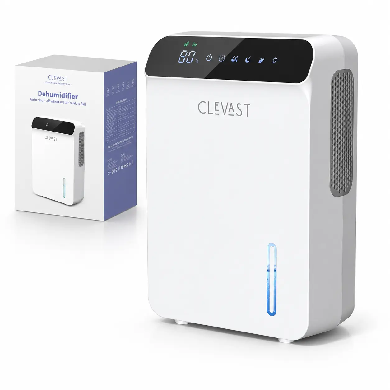 CLEVAST 2-in-1 Portable Dehumidifier - 23oz/Day Dual Semiconductor Unit, 30dB Quiet Sleep Mode, UV-C Negative Ion Air Purifier, 68oz Tank, Drain Hose for Bathroom, Bedroom