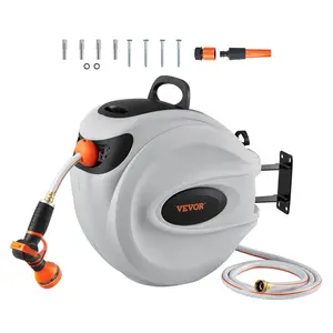 VEVOR Retractable Hose Reel, Available in 65ft/84ft x 5/8inch, 180° Swivel Bracket Wall-Mounted, Garden Water Hose Reel with 9-Pattern Nozzle, Automatic Rewind, Lock at Any Length, and Slow Return System