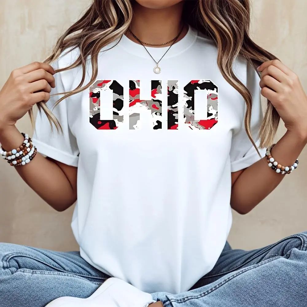 Ohio Camo Print Graphic T-Shirt, State Pride Spirit Wear, Casual Daily Outfit Game Day