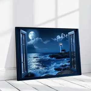 Coastal Lighthouse and Beach Scene Pattern Wooden Frame Canvas Painting Modern Art Wall Decoration for Home Living Room Bedroom Office Wall Art Poster