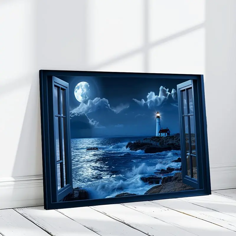 Coastal Lighthouse and Beach Scene Pattern Wooden Frame Canvas Painting Modern Art Wall Decoration for Home Living Room Bedroom Office Wall Art Poster