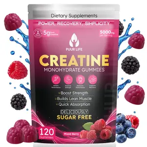 PUUR LIFE Creatine Monohydrate Gummies – 5000mg (5g per Serving) Sugar-Free Vegan Edible Supplement, Healthcare Vitamin for Optimum Nutrition, Muscle Growth & Recovery, 120 Mixed Berry Count for Men & Women