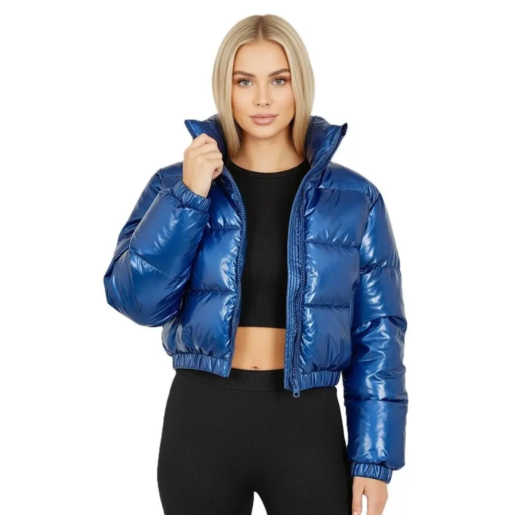 Shiny Cropped Puffer Jacket for Women, Comfortable Quilted Lightweight Zip Up Outerwear with a Turtleneck and Long Sleeves, Tops, Coats, Fabric, Basic, Short, Fit, Minimalist, Polyester Fabric, High Neck, Athletic, Zip Closure