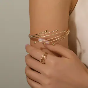 2pcs Gold Plated Multi-Layer Bangle & Ring Set, Sparkly Beaded Open Cuff Jewelry, Minimalist Stackable Bracelet and Ring for Women, Everyday Elegant Accessory