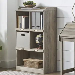 Modern Farmhouse 5-Cube Storage Organizer Bookcase with Name Plates – Rustic Gray