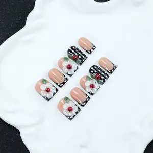 10 pieces/set of handmade Square nail tips with French edge, Handmade acrylic nails, 3D, polka dot, and carved elements, Y2K Baddie style, suitable for gatherings and daily wear, including toolkits, a gift for women, and handmade nail products