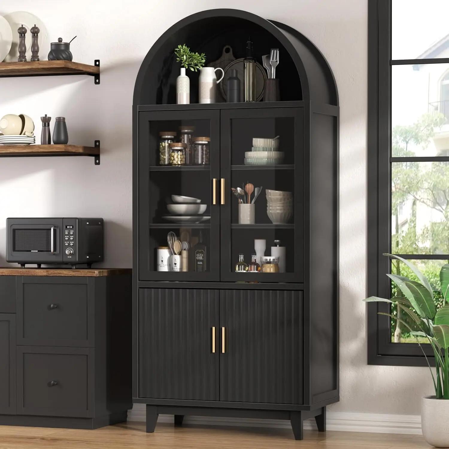 [tiktokshopbacktoschool] Vabches Kitchen Pantry Cabinet with Glass Doors - Arched Design, Solid Wood Legs, Artistic Fluted Door, Adjustable Shelves, 70.8" Curved Storage Cabinet for Kitchen, Dining Room