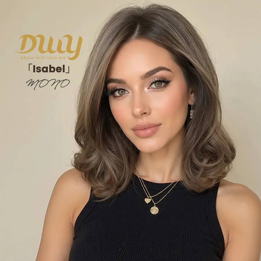 Isabel- NEW! DWY Mono Lace Front Free Part 14 Inches Wavy Brown with Blonde Highlights Glueless Synthetic Wig