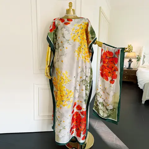 Moomoo Lady's 2-Piece Plus Size Satin Kaftan Set - Breathable, Light, Chic Oversized Bohemian Rose Floral Print Maxi Dress with Imitation Scarf Accessory for Party, Beach Vacation