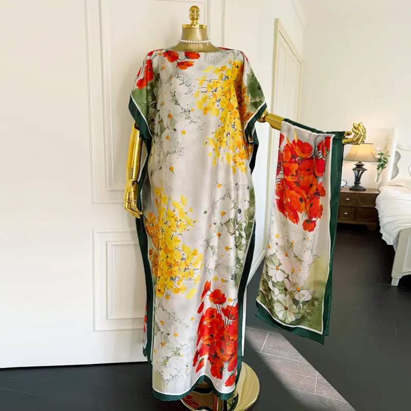 Moomoo Lady's 2-Piece Plus Size Satin Kaftan Set - Breathable, Light, Chic Oversized Bohemian Rose Floral Print Maxi Dress with Imitation Scarf Accessory for Party, Beach Vacation