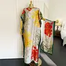 Moomoo Lady's 2-Piece Plus Size Satin Kaftan Set - Breathable, Light, Chic Oversized Bohemian Rose Floral Print Maxi Dress with Imitation Scarf Accessory for Party, Beach Vacation
