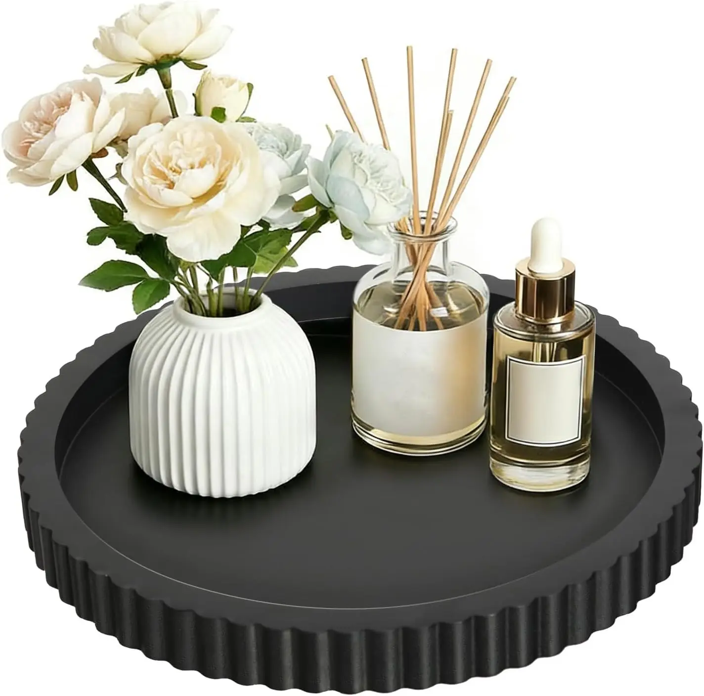 Handmade Decorative Tray for Coffee Table, 12in Black Round Tray | Wood Coffee Table Tray Decor, Candle Centerpiece Tary, Perfume Organizer Tray for Living Room, Kitchen, Bedroom & Bathroom
