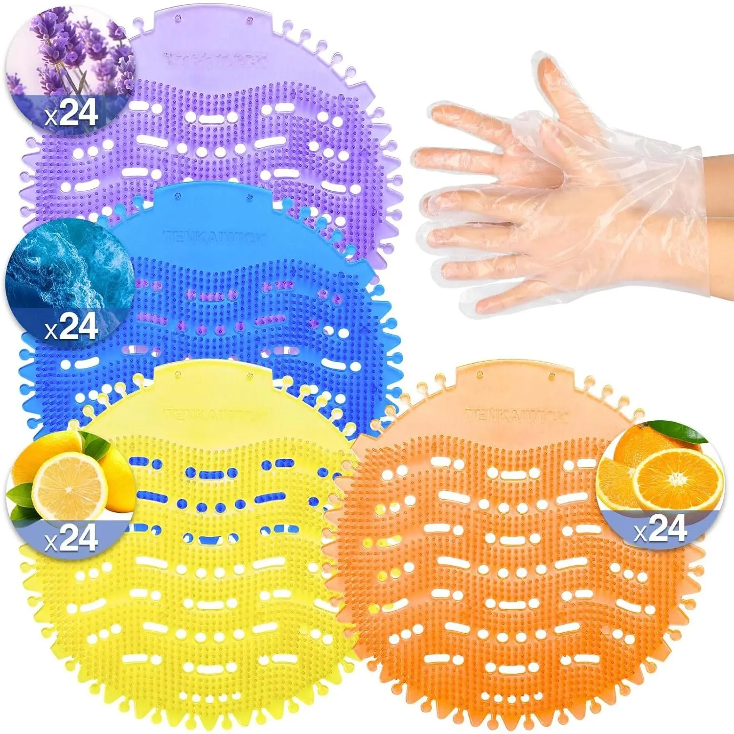 96 PACK Urinal Deodorizer Screen with 100 Gloves- Wave Anti-Splash Odor Protection Urinal Cakes for Men Toilets, Four Scents Urinal Mats