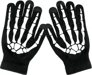 Luminous Halloween Costume Skull Gloves,Thickened Skeleton Gloves with Touch Screen,Stretch Knit Winter Warm Novelty Gloves