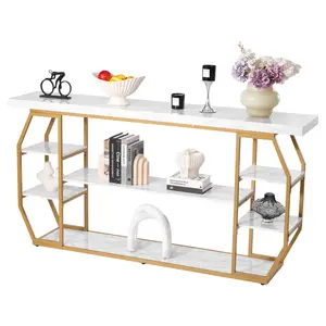 【Summervibes】VEVOR Marble Console Table, 3 Tiers Modern Console Table for Open Storage, Golden Geometric Table with Iron Tubes, Anti-Tip Device and Triangular Support for Living Room, Hallway, Entryway, Foyer