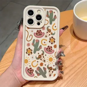 Western Style Flowers and Cactus Pattern TPU Case for iPhone 16 15 14 Pro Max 13 12 11 XR XS Plus Shockproof Non Slip Military-Grade Protection Silicone Cover