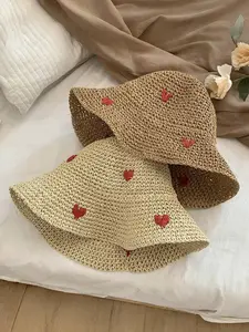 Women's Love Heart Pattern Wide Brim Sun Hat, Boho Style Foldable Sun Protection Sun Hat, Fashionable Sun Hat for Daily Wear