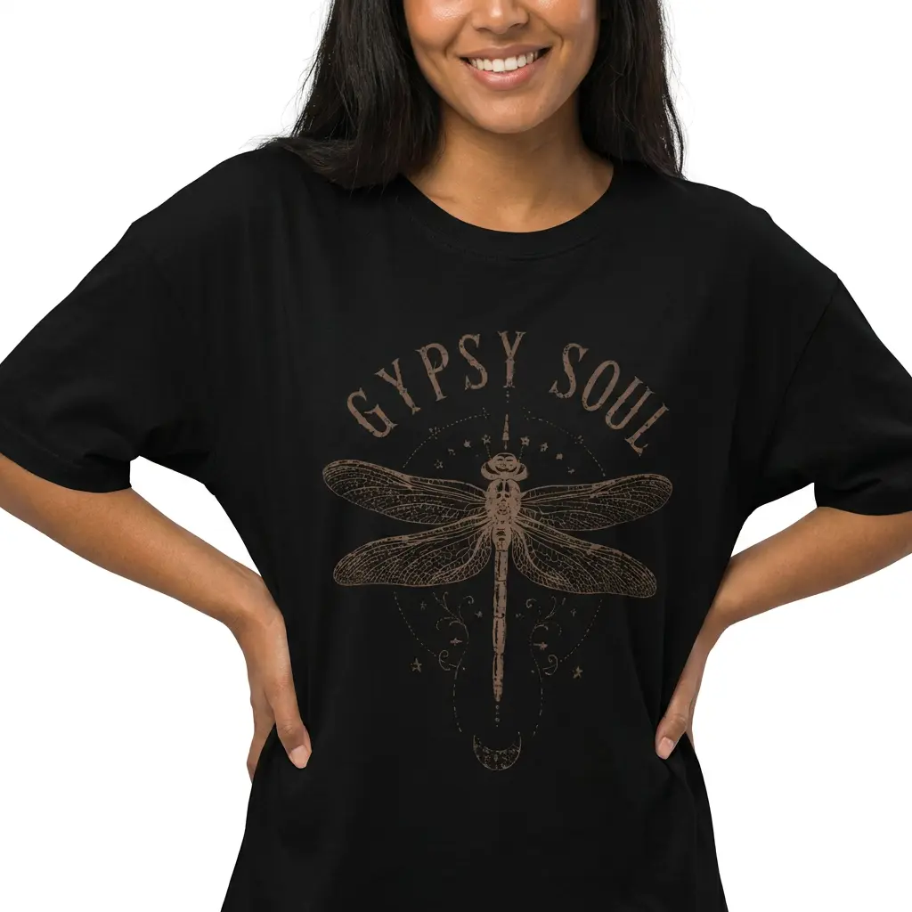 [100% Cotton] Boho Dragonfly Shirt Women Gypsy Soul Graphic Tee Plus Size Vintage Mystical Top