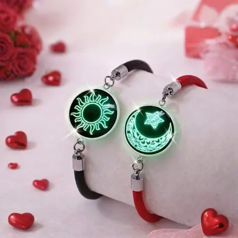 Couples' 2-Pack Glow-in-Dark Magnetic Sun Moon Matching Bracelets - Adjustable Luminous Mens Jewelry, Unique Boyfriend Gifts for Him, Cute Gifts for BF, Anniversary Valentine's Day Presents